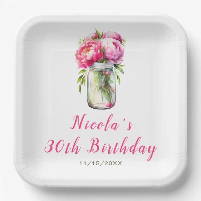 Plato De Papel Pink Peonies Mason Jar Cumpleaños (Anverso)