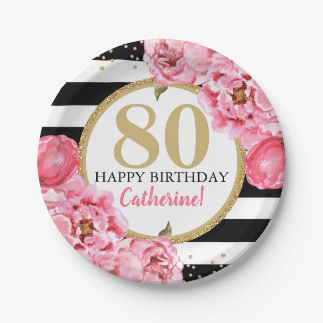 Plato De Papel Pink Peony Striped Milestone Birday (Anverso)