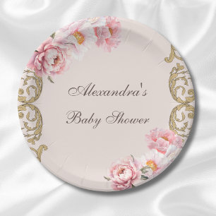 Plato De Papel Pink Peony Vintage Rococo Floral Baby Shower