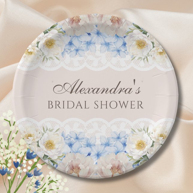 Plato De Papel Pink Peony White Blue Hydrangea Bridal Shower (Subido por el creador)