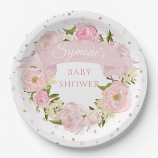 Plato De Papel Pink Peony y Rosa Personalizado Gold Dot Baby Show