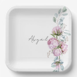 Plato De Papel Pink Peonys Personalized Script Bridal Shower