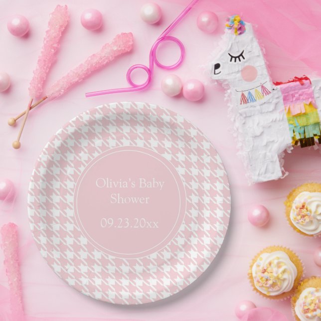 Plato De Papel Pink Personalizado Pastel Houndstoth (Fiesta)
