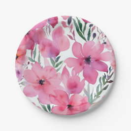 Plato De Papel Pink Petals | Watercolor Floral Painted Flowers