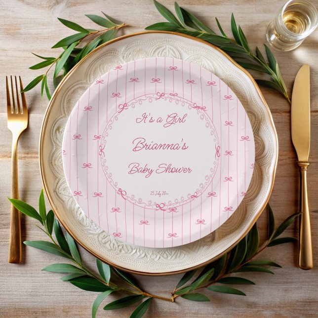 Plato De Papel Pink preppy hand drawn baby shower monogrammed (Pink preppy hand drawn baby shower monogrammed paper plates personalized preppy baby shower decor)
