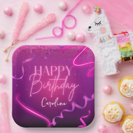 Plato De Papel Pink Purple Confetti Neon Lights Happy Birday