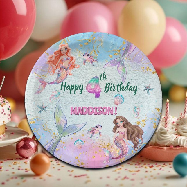 Plato De Papel Pink Purple Glitter Mermaids 4th Birthday Party (Subido por el creador)