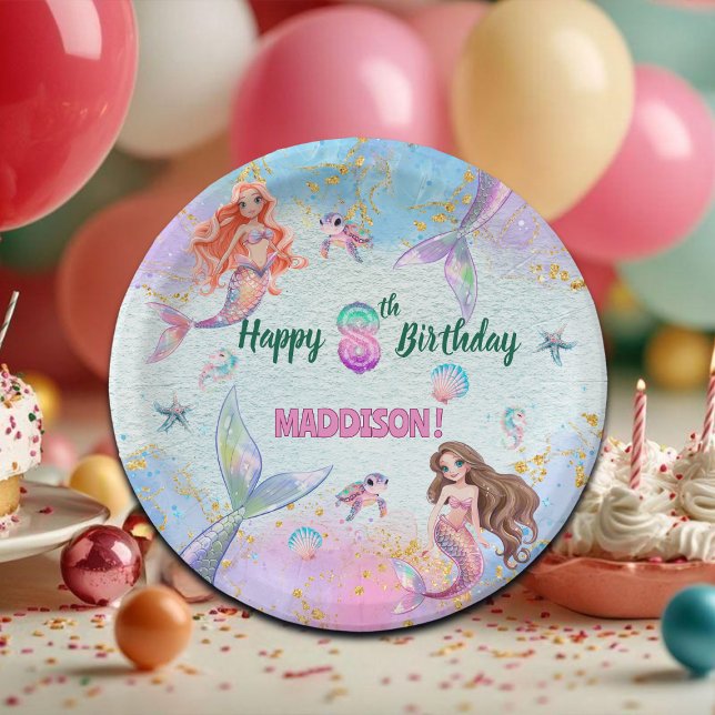 Plato De Papel Pink Purple Glitter Mermaids 8th Birthday Party (Subido por el creador)