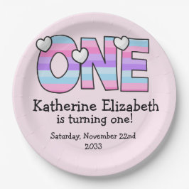 Plato De Papel Pink Purple Ombre Stripes Hearts First Birday