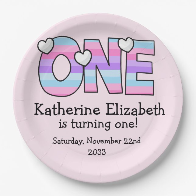 Plato De Papel Pink Purple Ombre Stripes Hearts First Birday (Anverso)