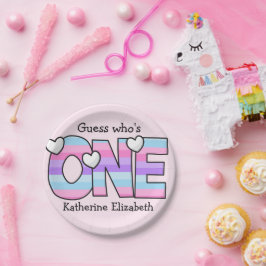 Plato De Papel Pink Purple Ombre Stripes Hearts First Birday