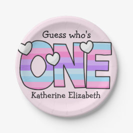 Plato De Papel Pink Purple Ombre Stripes Hearts First Birday