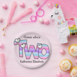 Plato De Papel Pink Purple Ombre Stripes Hearts Second Birday