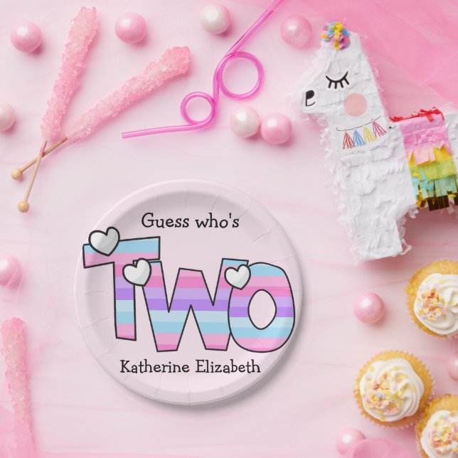 Plato De Papel Pink Purple Ombre Stripes Hearts Second Birday (Fiesta)