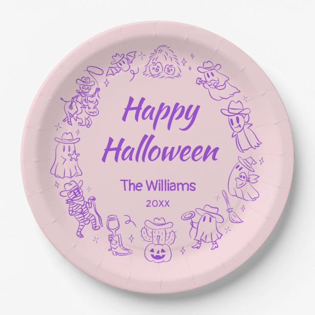 Plato De Papel Pink Purple Quirky Hand Drake Happy Halloween (Anverso)