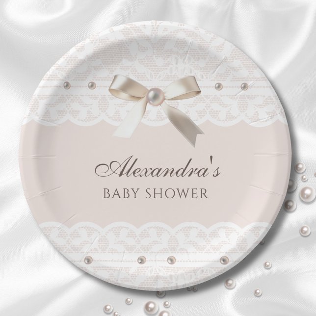 Plato De Papel Pink Regency Pearl Satin Bow Lace Baby Shower (Subido por el creador)
