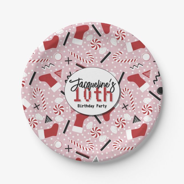 Plato De Papel Pink Retro Christmas Peppermint Birthday (Anverso)