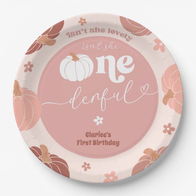 Plato De Papel Pink Retro Pumpkin First Birthday Paper Plate (Anverso)