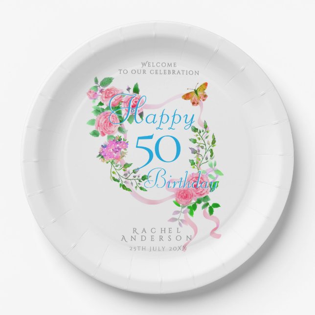 Plato De Papel Pink Rose Ribbon 50th Birthday (Anverso)