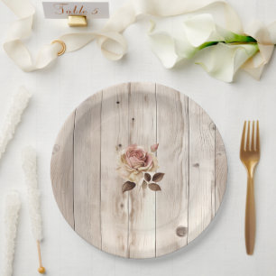 Plato De Papel Pink Roses Cream White Wood Wedding
