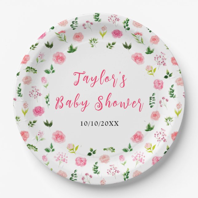 Plato De Papel Pink Roses Floral Baby Shower (Anverso)