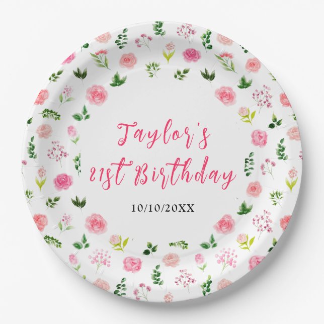 Plato De Papel Pink Roses Floral Birthday (Anverso)
