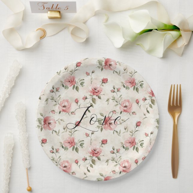 Plato De Papel Pink Roses Floral Love Bridal Shower (Boda)