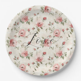 Plato De Papel Pink Roses Floral Love Bridal Shower