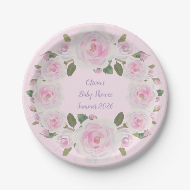 Plato De Papel Pink Roses Wreath Name Paper Plate Baby Shower (Anverso)