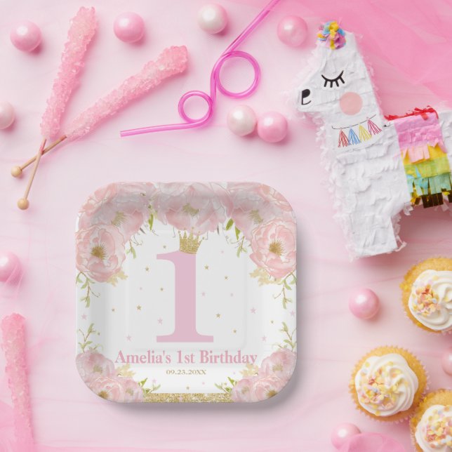 Plato De Papel Pink Rubor Floral Gold Princesa Chica de cumpleaño (Fiesta)