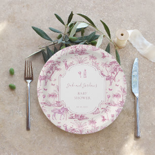 Plato De Papel Pink Safari Toile de Jouy Fiesta de Bebé