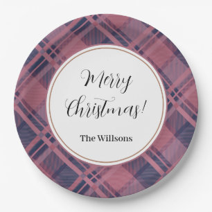 Plato De Papel Pink Scottish Lady Tartan Pattern Feliz Navidad