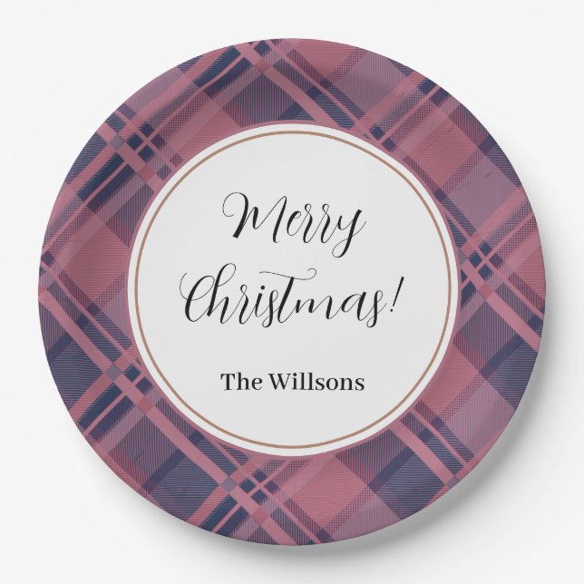 Plato De Papel Pink Scottish Lady Tartan Pattern Feliz Navidad (Anverso)