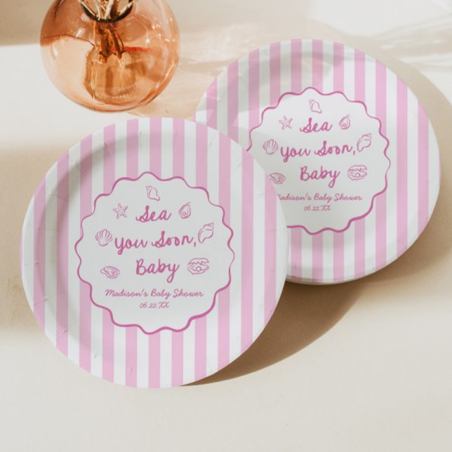 Plato De Papel Pink Sea You Soon Baby Coastal Baby Shower (Subido por el creador)
