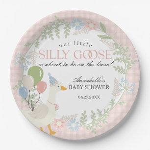Plato De Papel Pink Silly Goose Floral Gingham Baby Shower