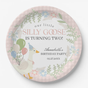 Plato De Papel Pink Silly Goose Floral Gingham Birthday