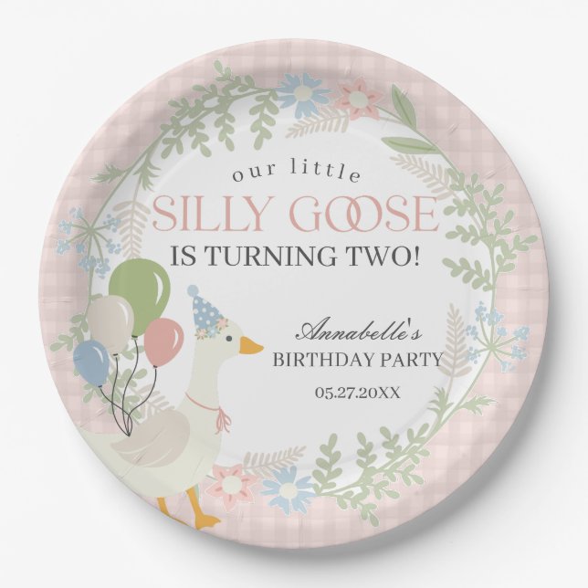 Plato De Papel Pink Silly Goose Floral Gingham Birthday (Anverso)