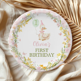 Plato De Papel Pink Silly Goose Floral Girl Birthday Paper Plates