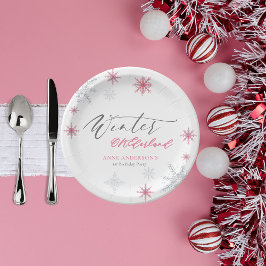Plato De Papel Pink Silver Winter Snowflakes 1st Birthday 