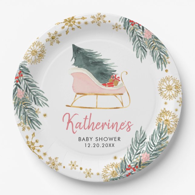 Plato De Papel Pink Sleigh Baby Shower Pequeño paquete de alegría (Anverso)