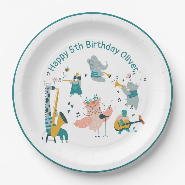 Plato De Papel Pink Songbird con la Banda Animal Cumpleaños (Anverso)