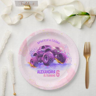 Plato De Papel Pink Sparkle and Crash Monster Truck Girl Birthday