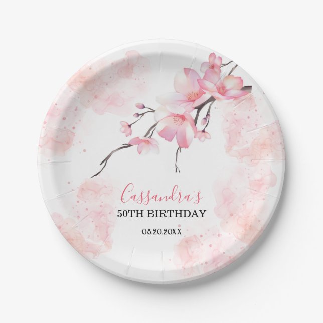 Plato De Papel Pink Splash Cherry Blossom Floral Cumpleaños (Anverso)