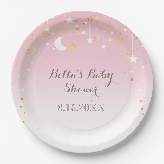 Plato De Papel Pink Stars Moon Baby Shower (Anverso)