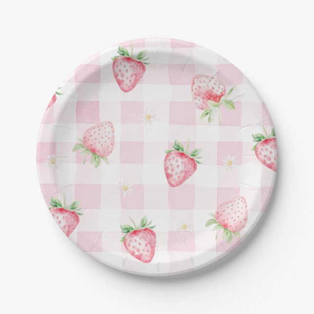 Plato De Papel Pink Strawberries Gingham Berry First 1st Birthday (Anverso)