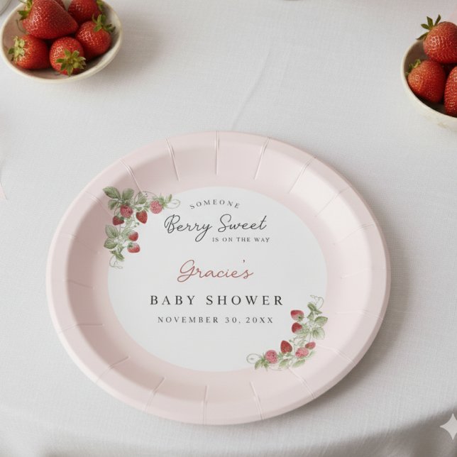 Plato De Papel Pink Strawberry Baby Shower (Berry Sweet Baby Shower Paper Plate)