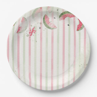 Plato De Papel Pink Striped Watermelon First Birthday Party Invit