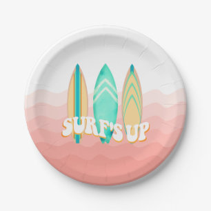 Plato De Papel Pink Surfs Up Surfboard Birday