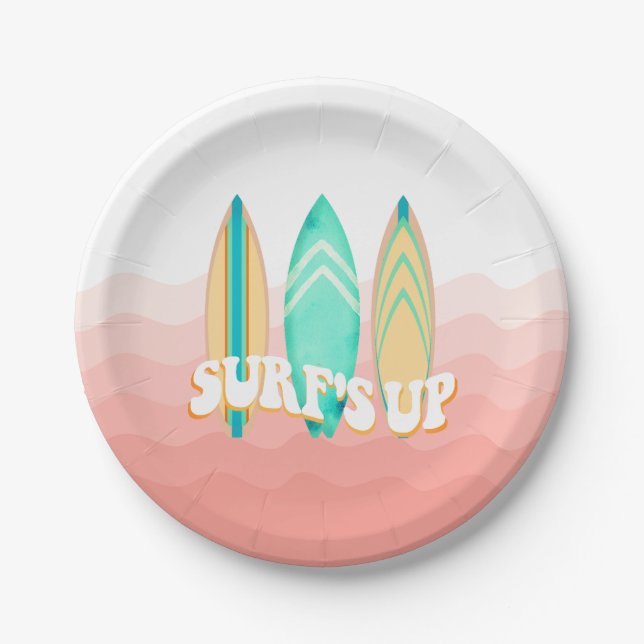 Plato De Papel Pink Surfs Up Surfboard Birday (Anverso)