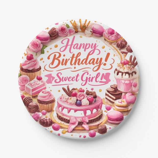 Plato De Papel Pink Sweet Girl Birthday Party Paper Plates (Anverso)